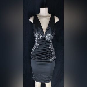 Black Embellished V-Neck Bodycon Dress by Mandalay